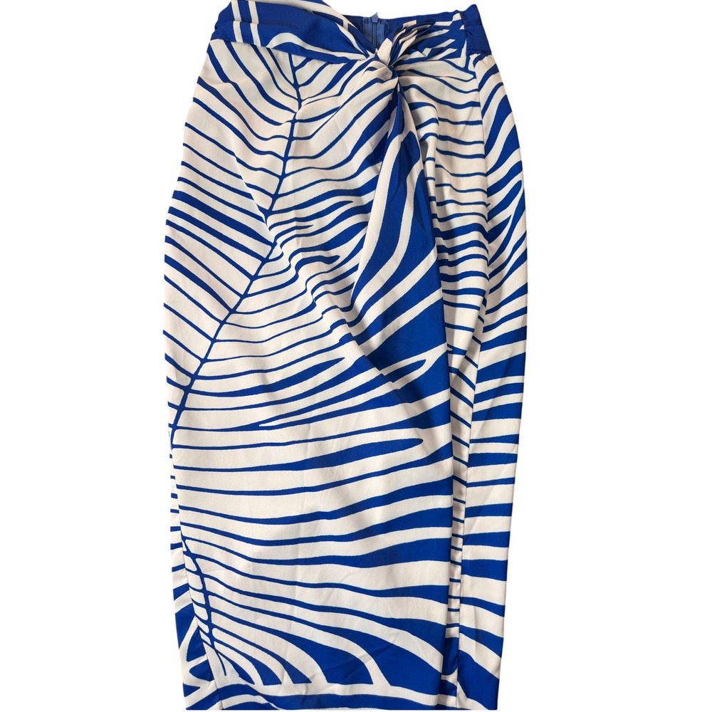 Milk & Honey Wrap Midi‎ Skirt Womens Small Blue White Tropical Leaf Print Knot